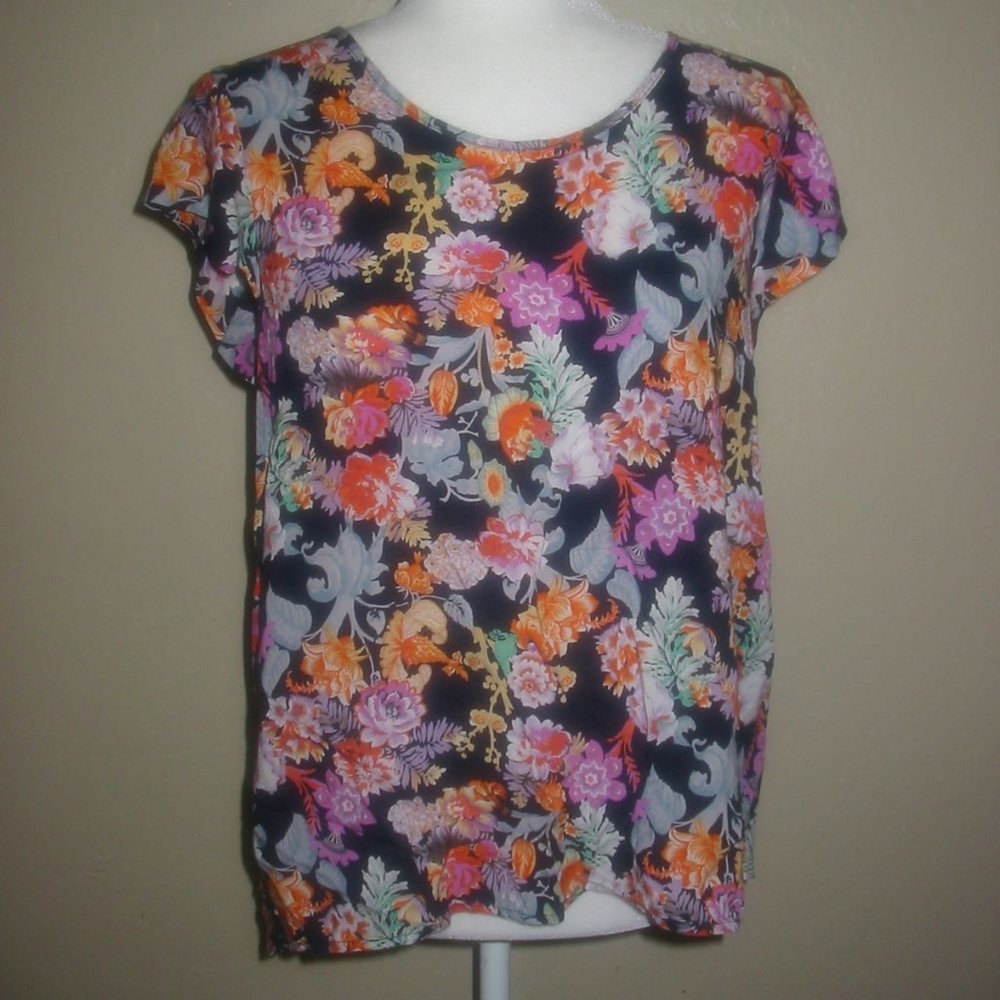 Kenar Navy Floral Print Short Sleeve Rayon Blouse Size Large L